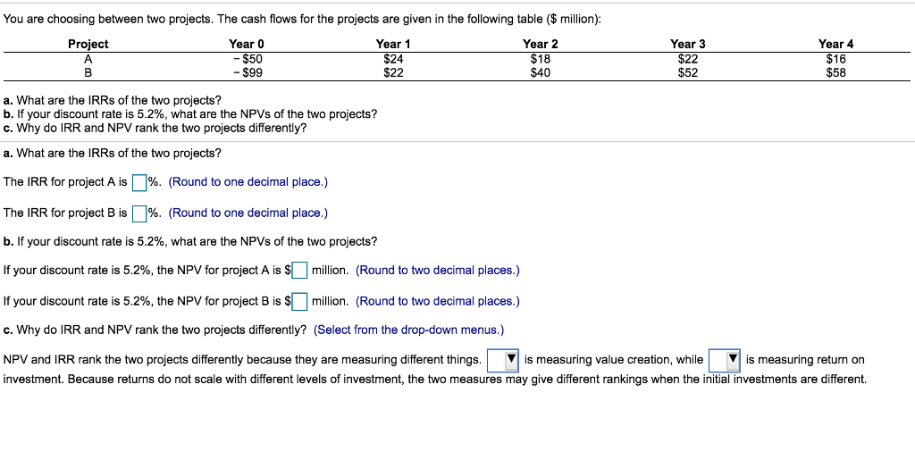 You are choosing between two projects. The cash flows for the