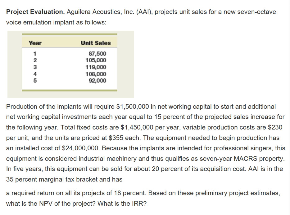  Project Evaluation. Aguilera Acoustics, Inc. (AAl), projects unit sales for a