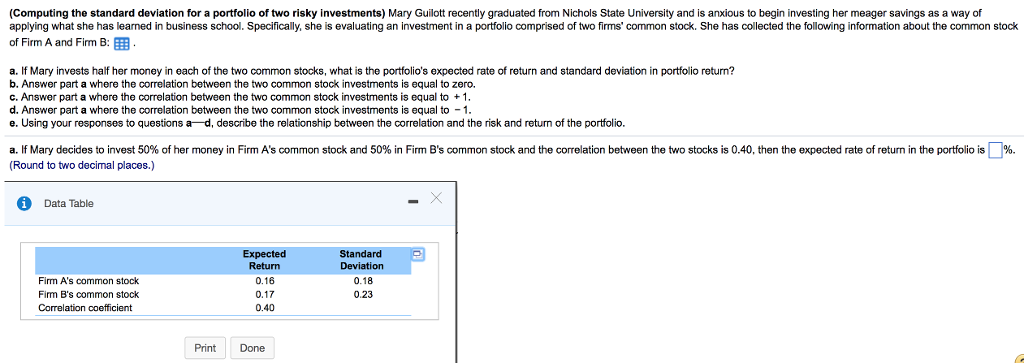  (Computing the standard deviation for a portfolio of two risky investments)