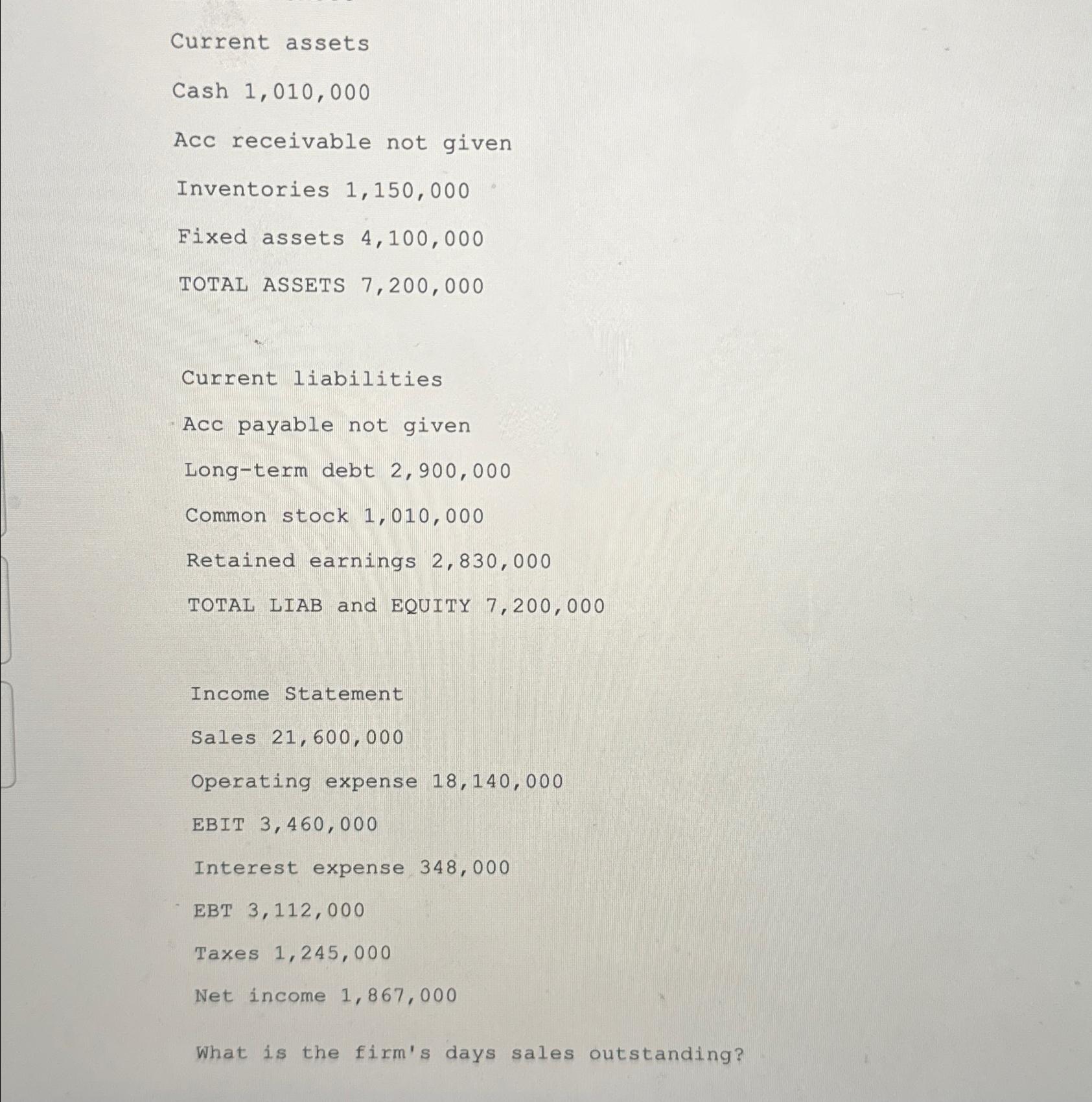  Current assets Cash 1,010,000 Acc receivable not given Inventories 1,150,000 Fixed