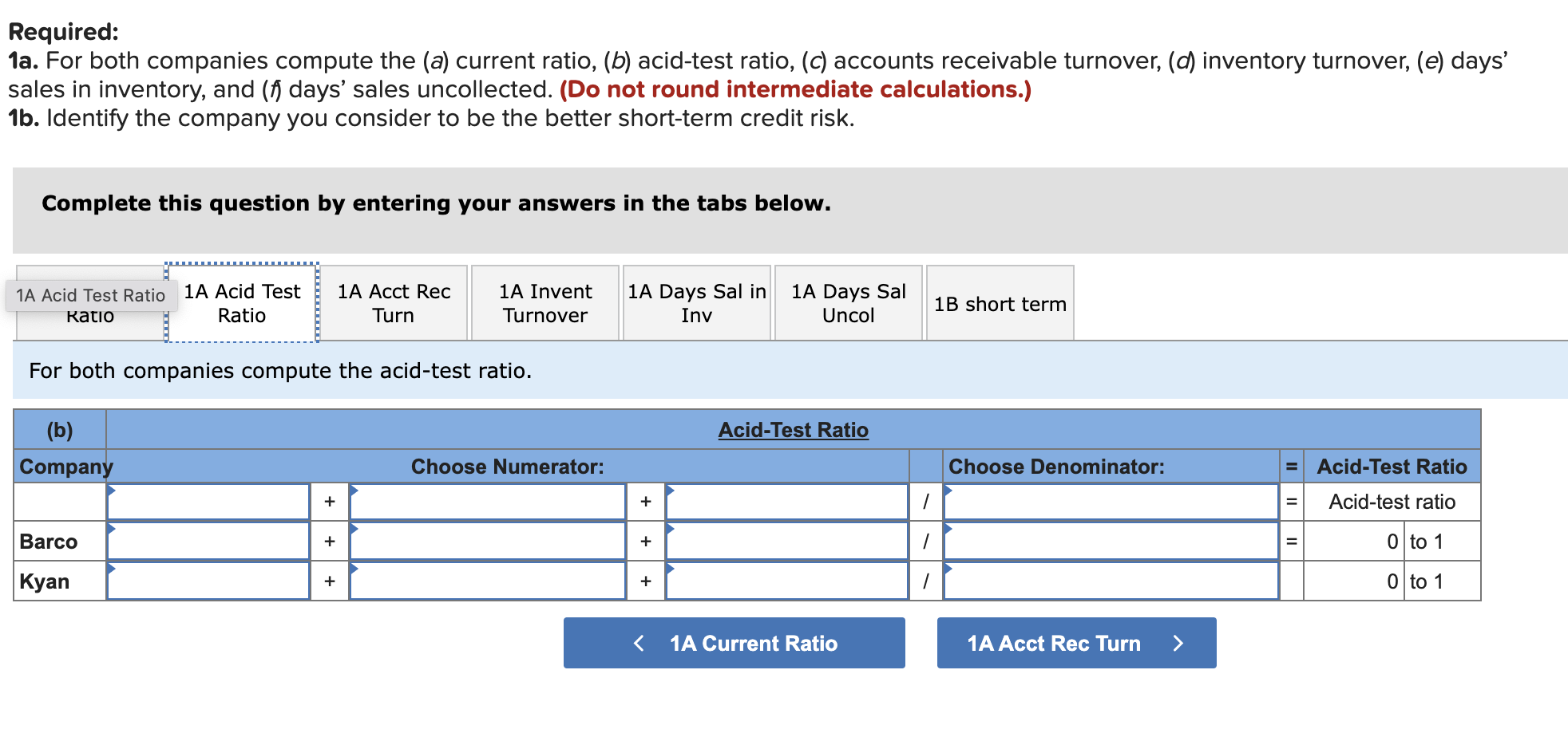 current ratio, (b) acid-test ratio, (c) accounts receivable turnover, (d) inventory turnover,