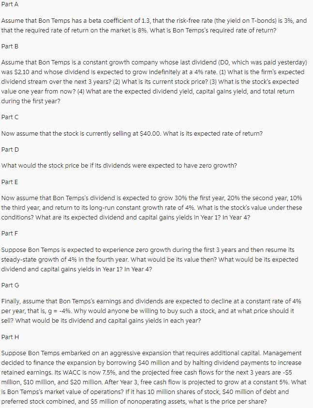  Part A Assume that Bon Temps has a beta coefficient of