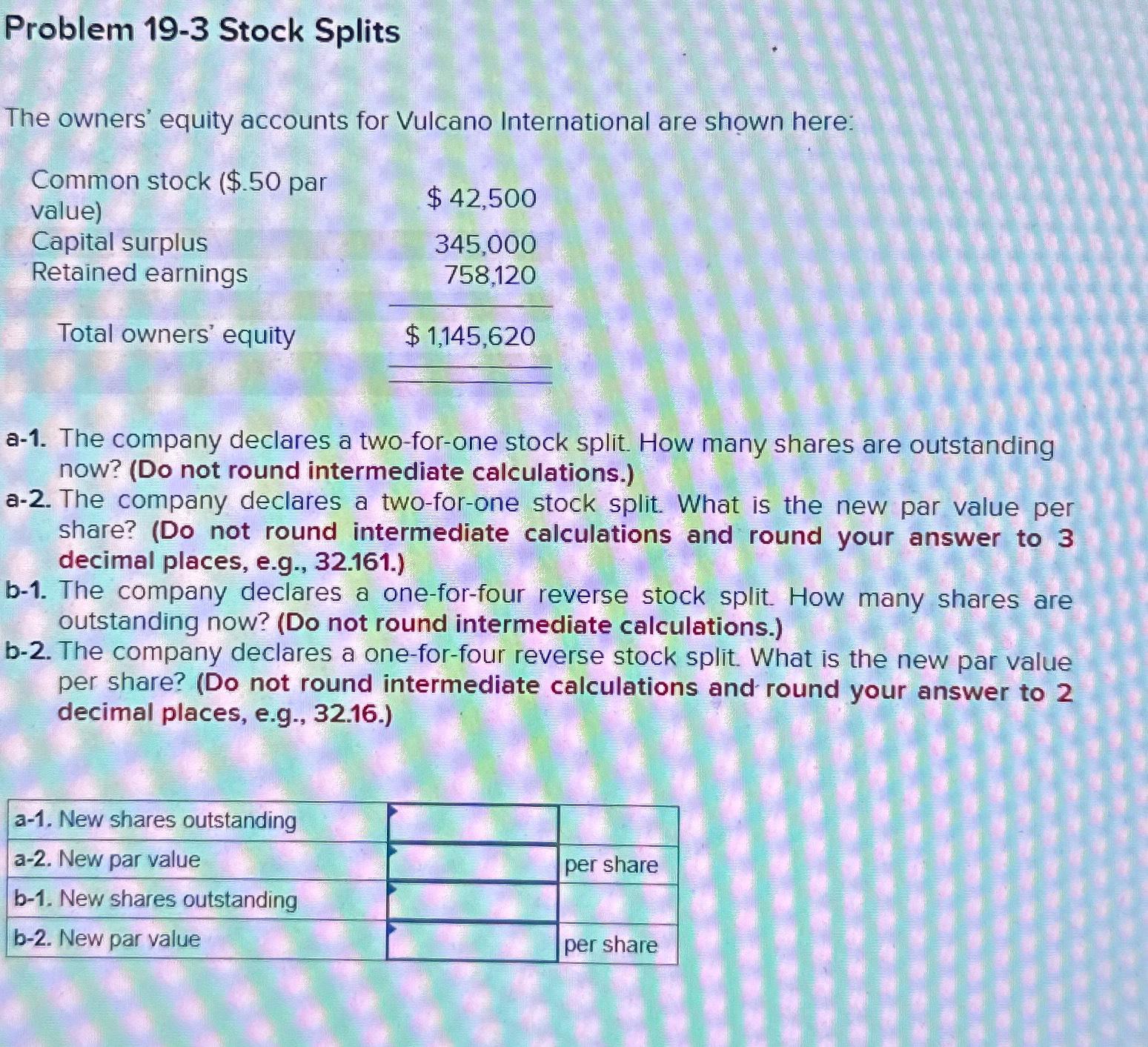  Problem 19-3 Stock Splits The owners' equity accounts for Vulcano International