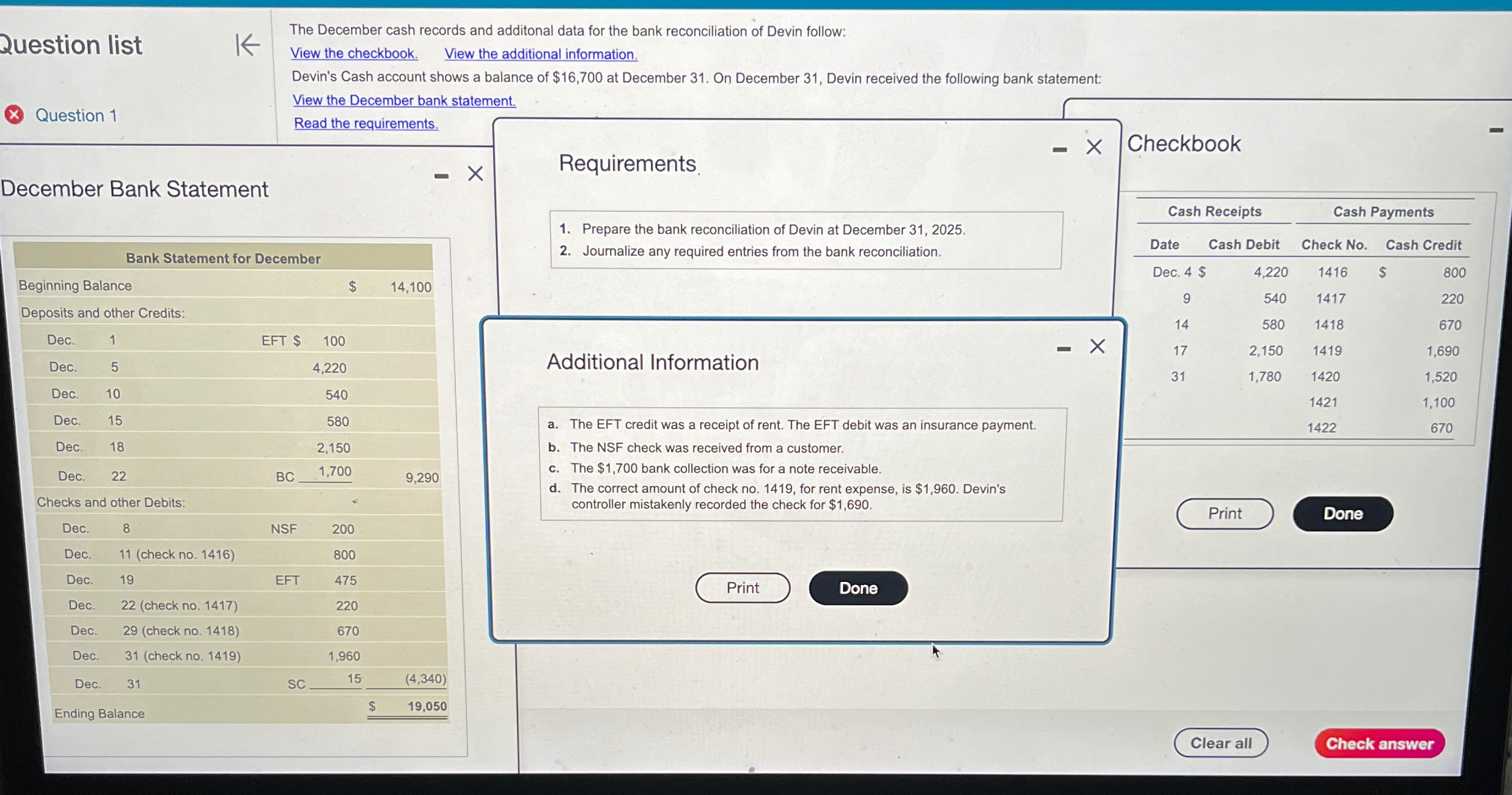  Question list Question 1 December Bank Statement \table[[Bank Statement for December],[Beginning