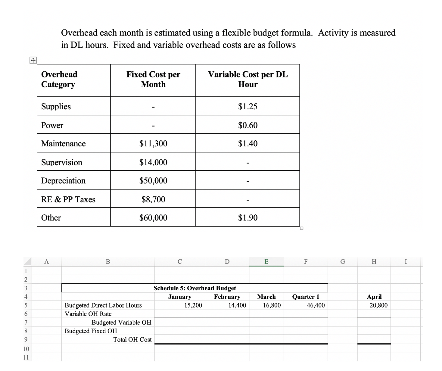 Please help me fill in the excel table. Please show formula