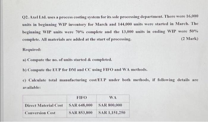  Q2. Axel Ltd. uses a process costing system for its sole
