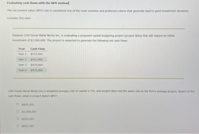  Evaluating cash flows with the NPV method. The net present value