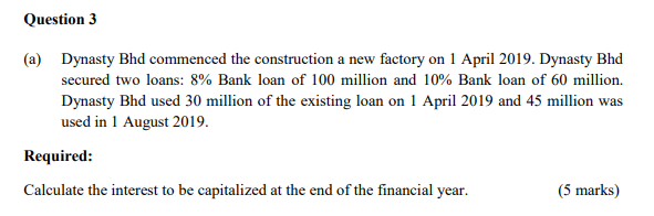 Question 3 (a) Dynasty Bhd commenced the construction a new factory