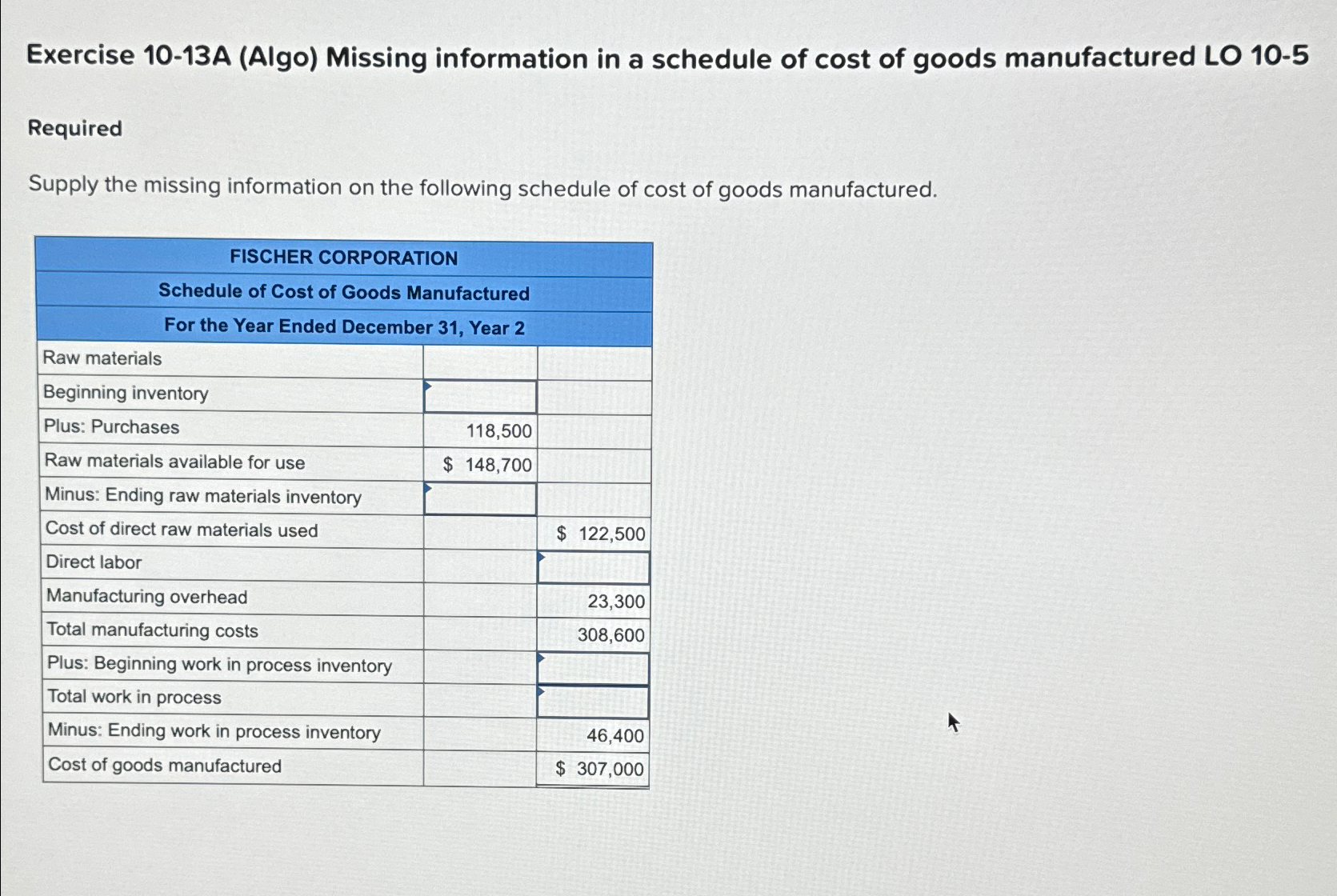  Exercise 10-13A (Algo) Missing information in a schedule of cost of