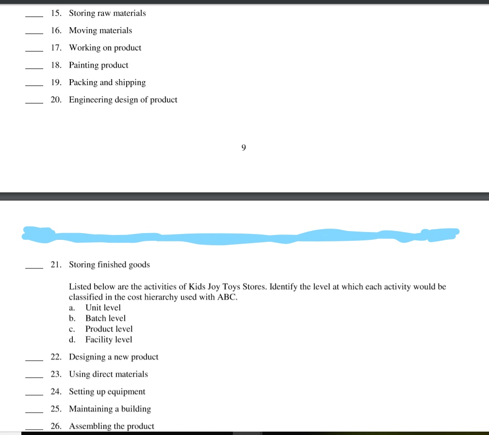 the following activities in a manufacturing organization a. Receiving direct materials at