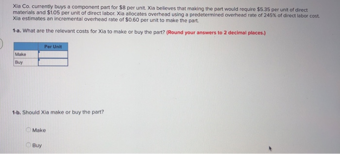  Xia Co. currently buys a component part for $8 per unit.