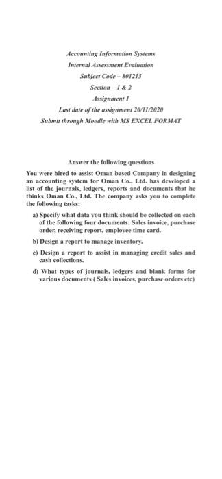 MS EXCEL Accounting Information Systems Internal Assessment Evaluation Subject Code - 801213