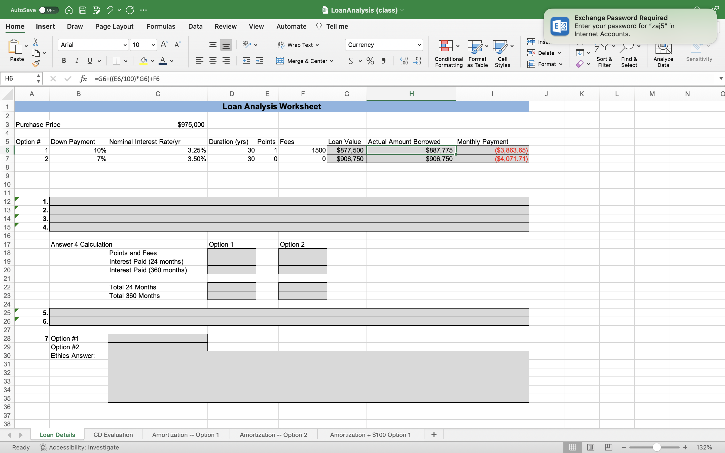 AutoSave OFF LoanAnalysis (class) Home Insert Draw Page Layout Formulas Data
