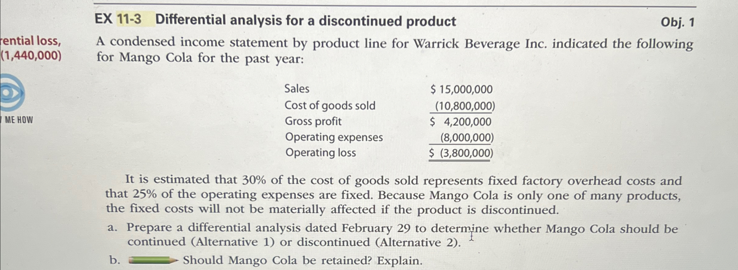  EX 11-3 Differential analysis for a discontinued product Obj. 1 A