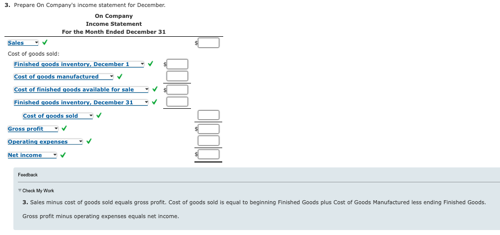 the month of December: On Off Company Company Materials inventory, December 1