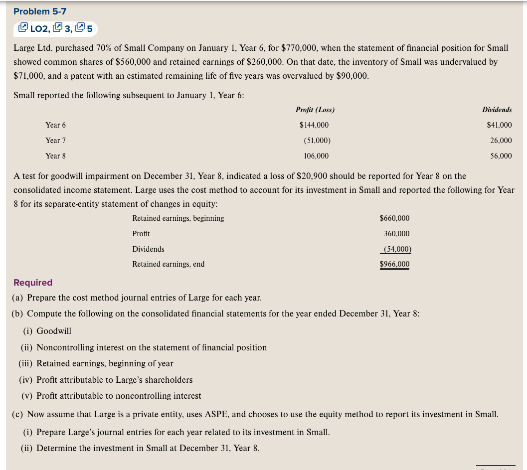  Problem 5-7 LO2, Large Ltd. purchased 70% of Small Company on