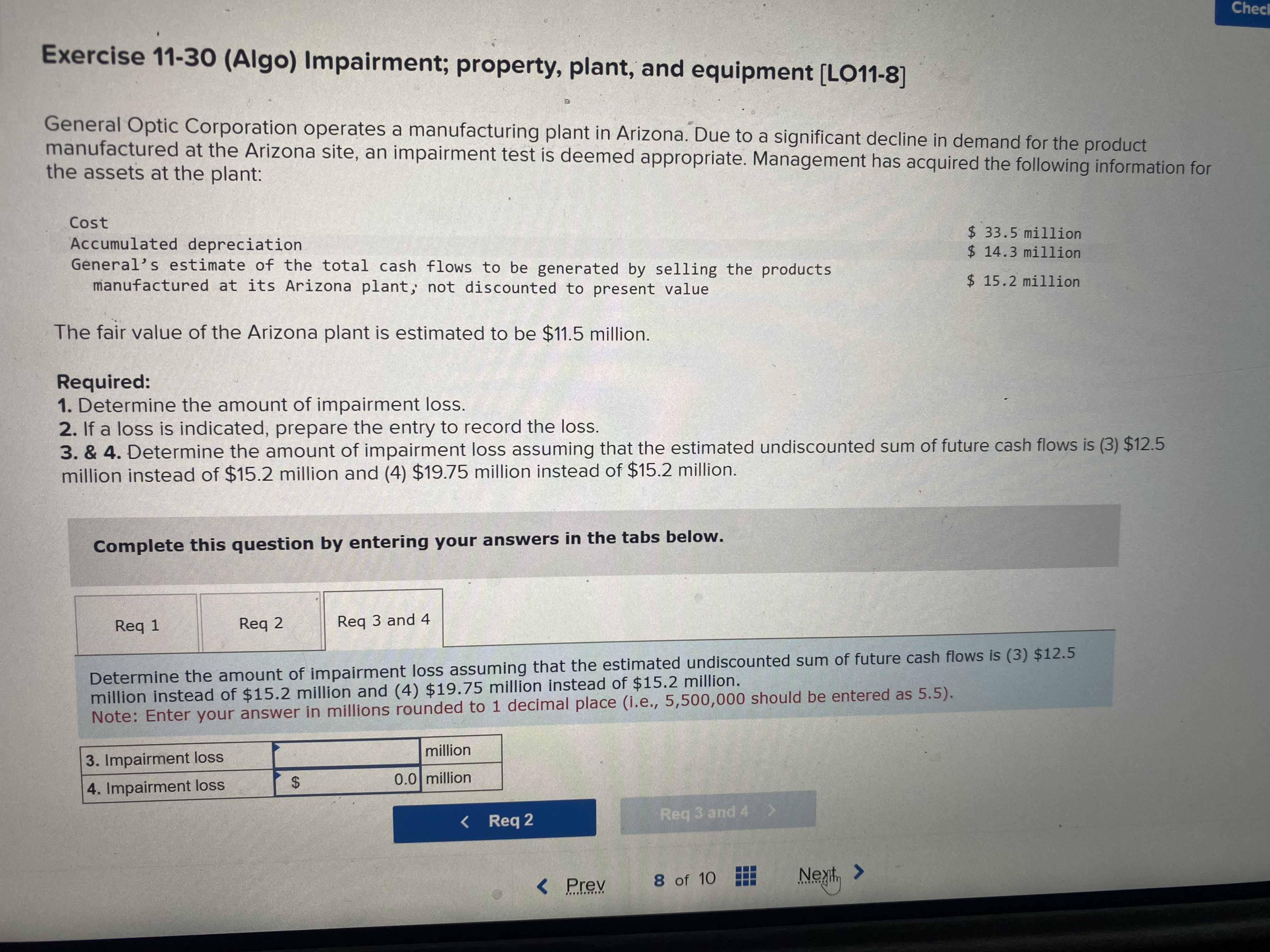  Exercise 11-30(Algo) Impairment; property, plant, and equipment [LO11-8] General Optic Corporation