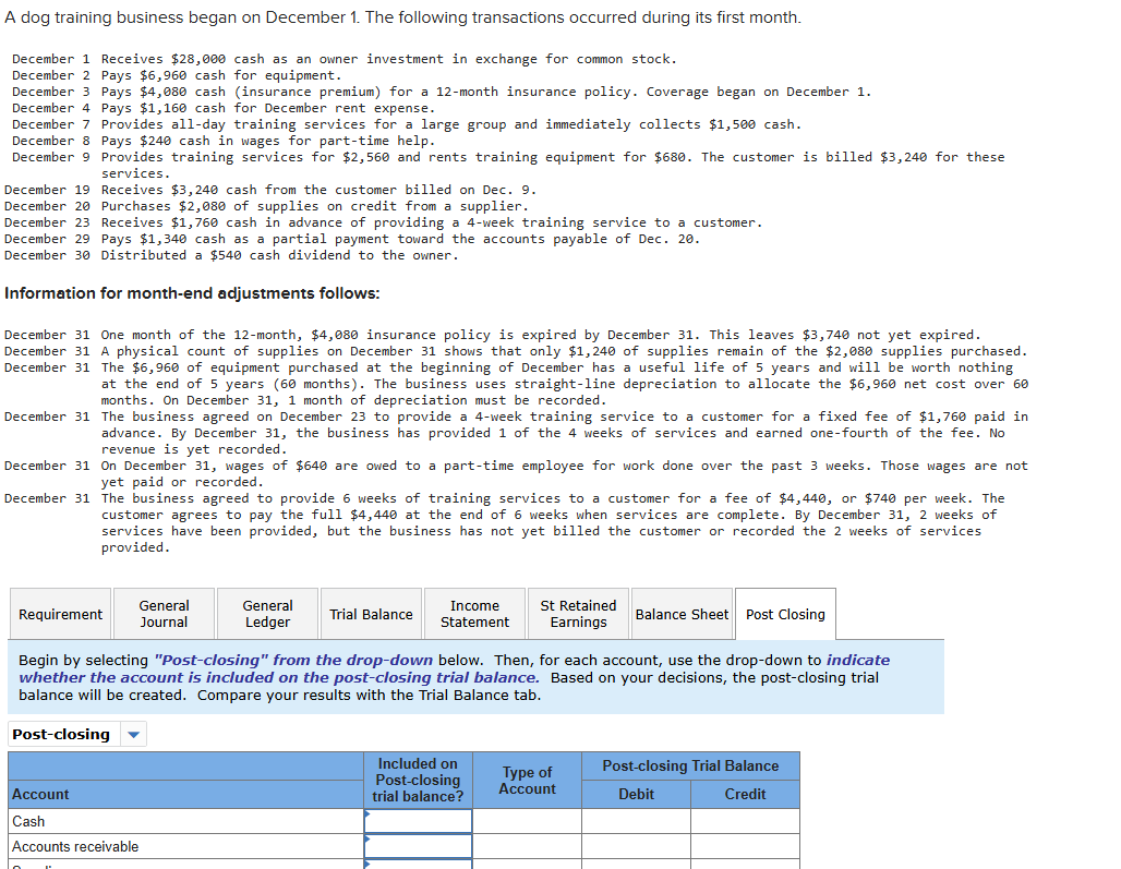  A dog training business began on December 1. The following transactions