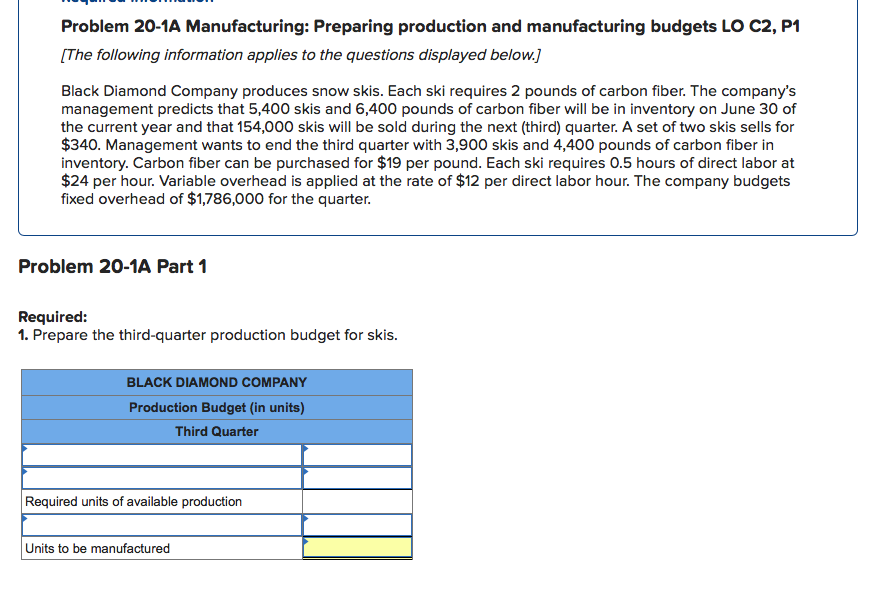  Problem 20-1A Manufacturing: Preparing production and manufacturing budgets LO C2, P1
