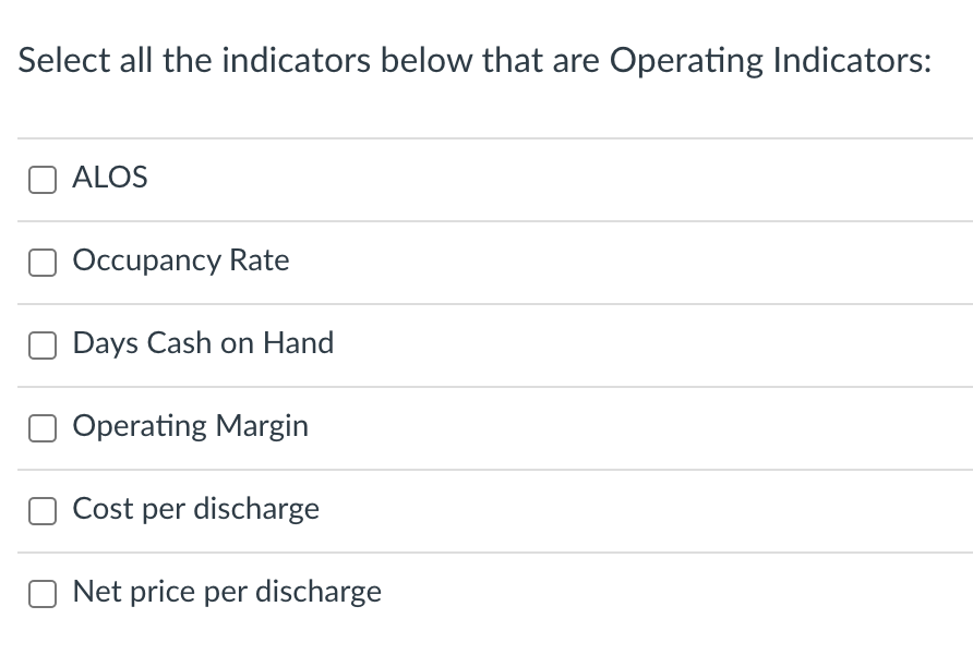  Select all the indicators below that are Operating Indicators: ALOS Occupancy