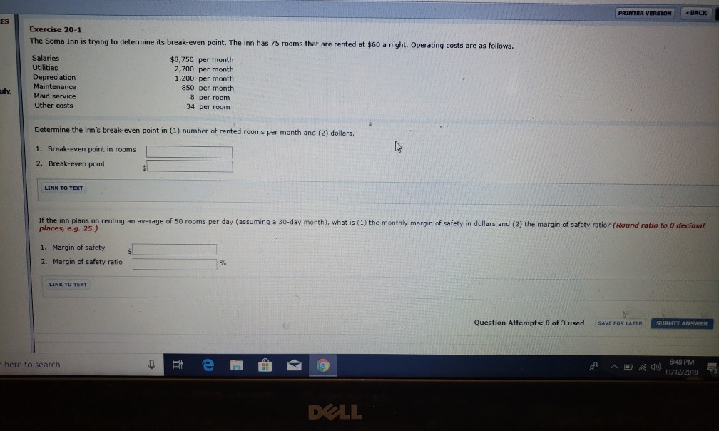 Exercise 20-18 Burns Company incurred the following costs during the year: direct