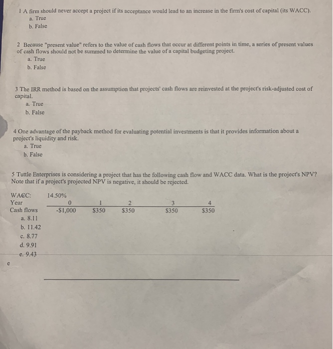  1 A firm should never accept a project if its acceptance
