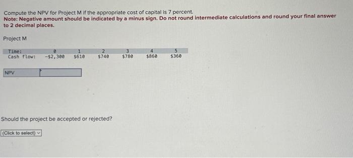  Compute the NPV for Project M if the appropriate cost of