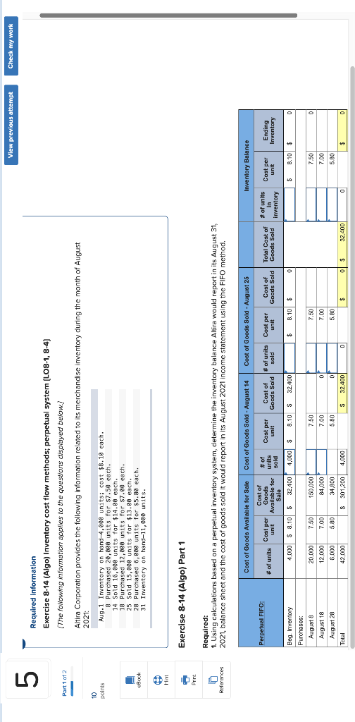  Required Information Exercise 8-14 (Algo) Inventory cost flow methods; perpetual system