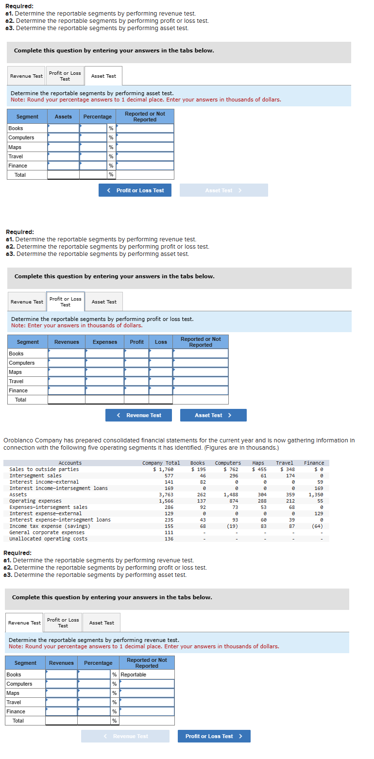  Required: a1. Determine the reportable segments by performing revenue test. a2.