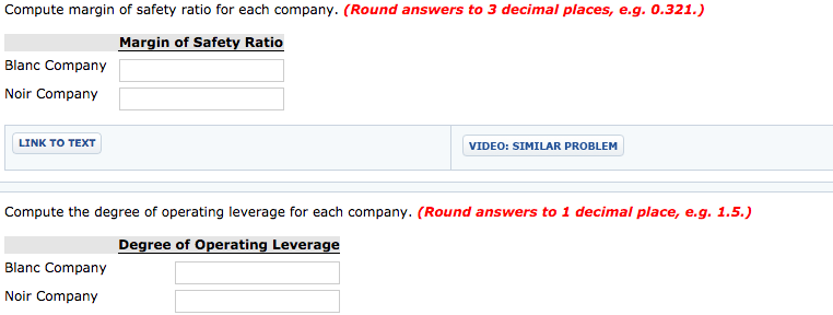 Noir Company Blanc Company Noir Company Sales Variable costs Contribution margin Fixed