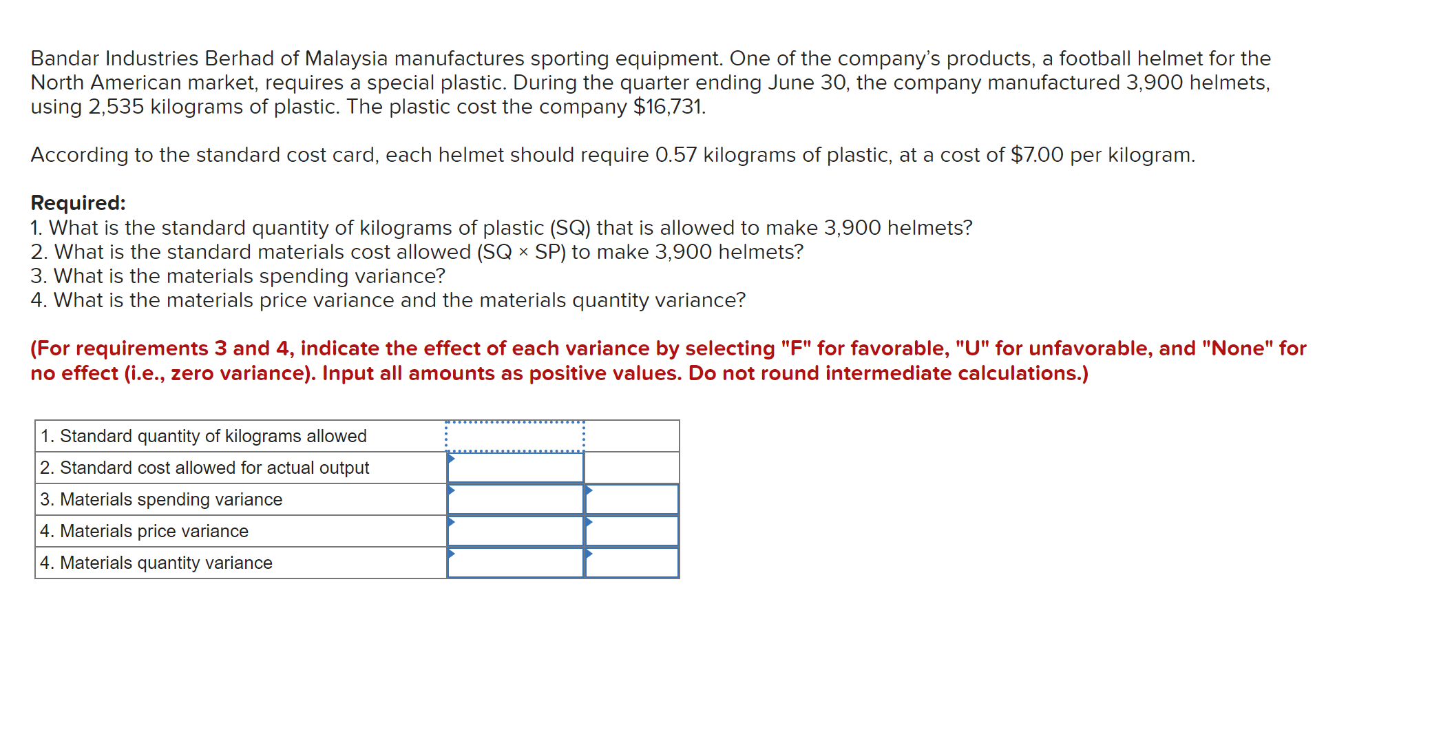Bandar Industries Berhad of Malaysia manufactures sporting equipment. One of the company's