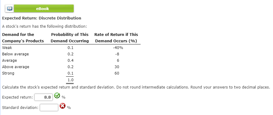 Need Standard Deviation ook Expected Return: Discrete Distribution A stock's return has