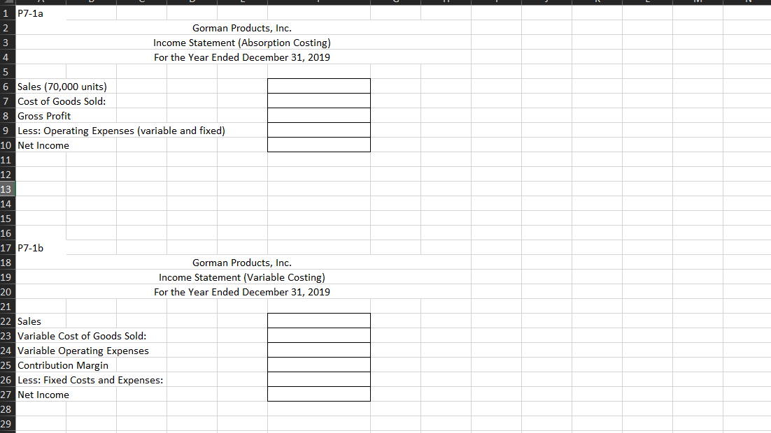 Variable and Absorption Costing Summarized data for 2019 (the first year of