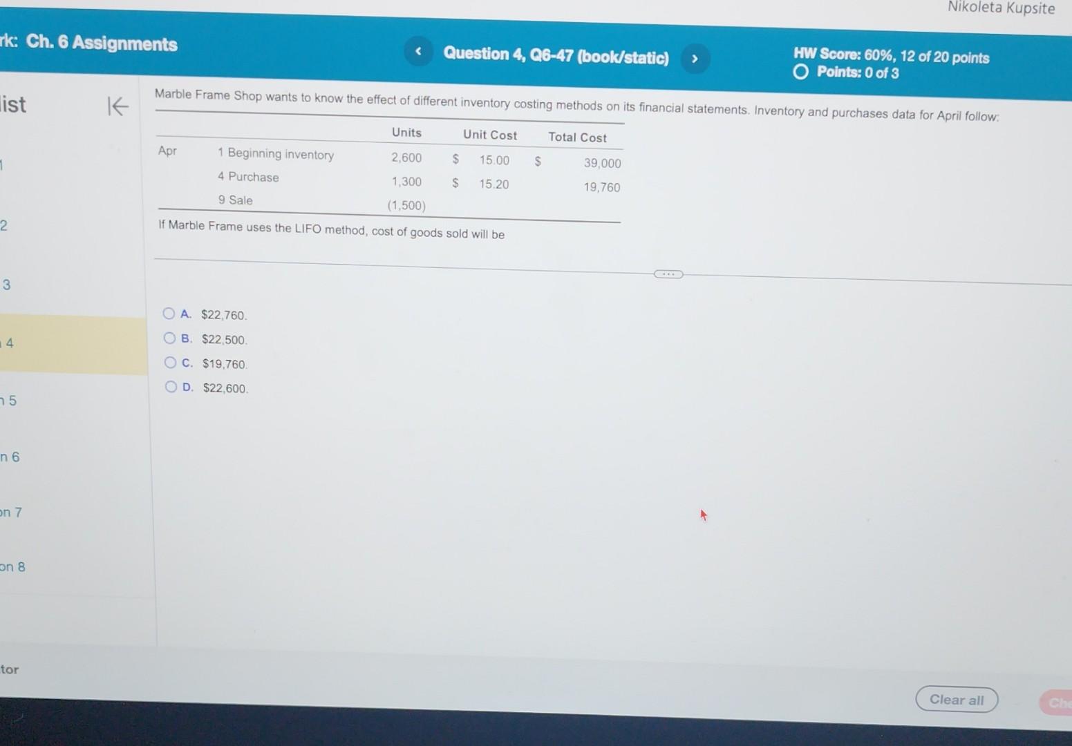 help to solve If Marble Frame uses the LIFO method, cost