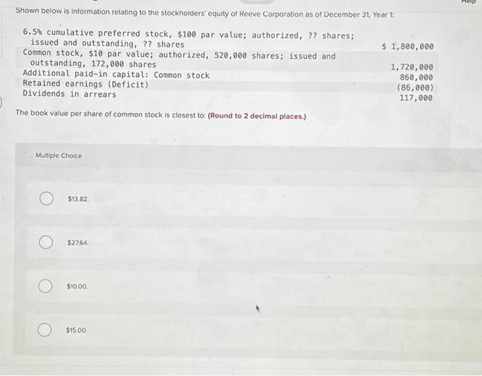ShoWn below is inrormation relating to the stockholders' equity o' Reeve Co'poratjon