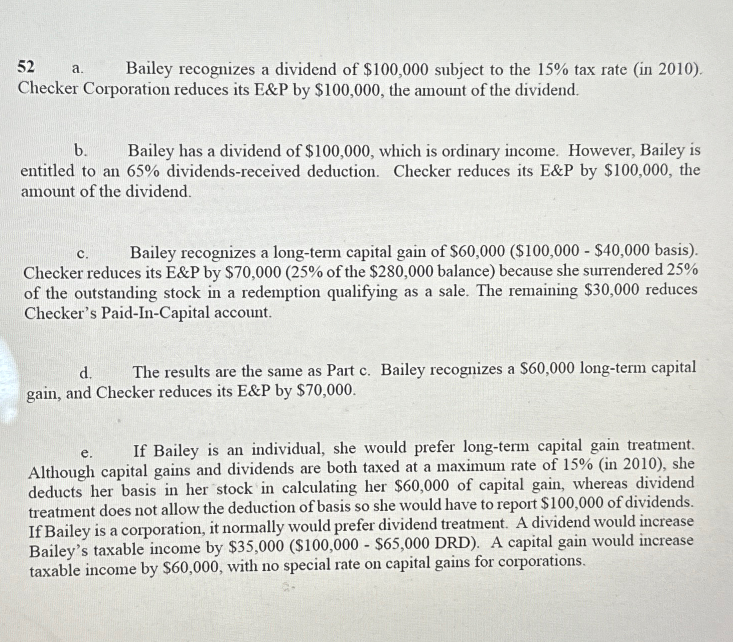 52 a. Bailey recognizes a dividend of $100,000 subject to the