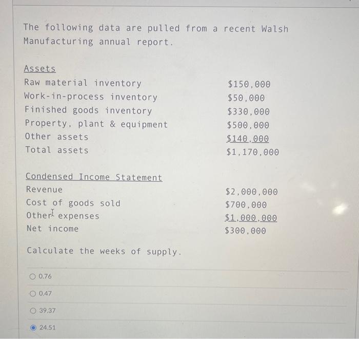  The following data are pulled from a recent Walsh Manufacturing annual