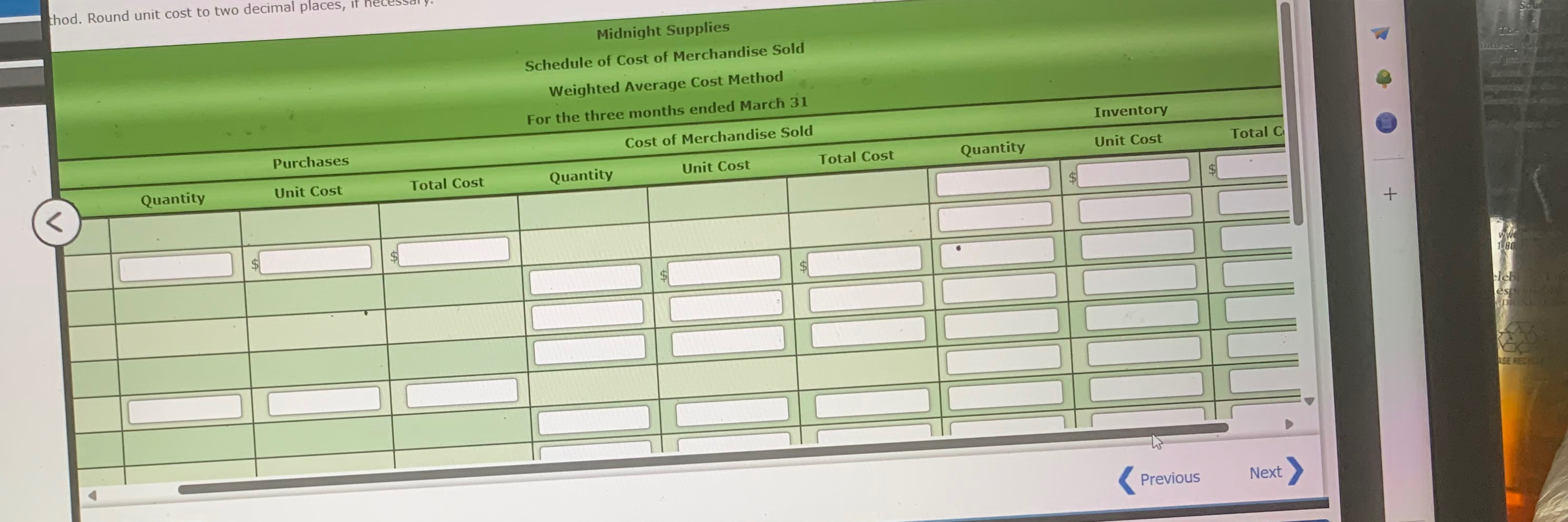  Weighted Average Cost Method with Perpetual InventoryThe beginning inventory at Midnight