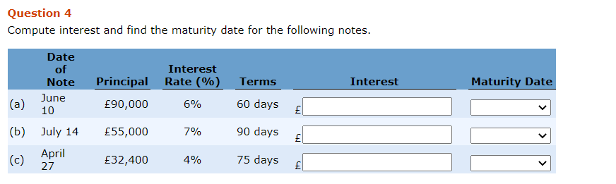 Question 4 Compute interest and find the maturity date for the