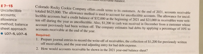  lei Ule U nce. E 7-15 Uncollectible accounts: allowance method; balance