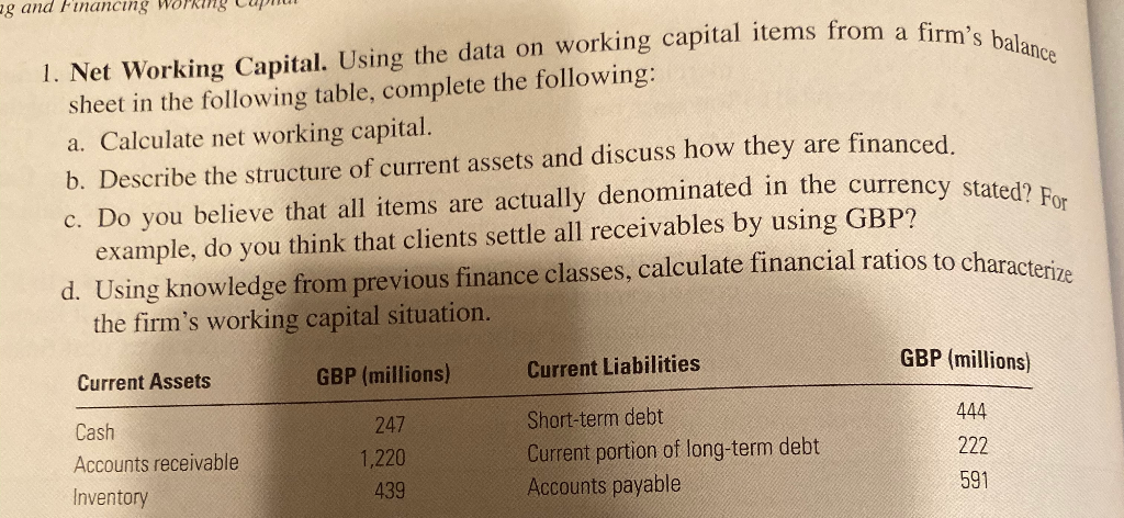 ag and Financing WorRIng 1. Net Working Capital. Using the data