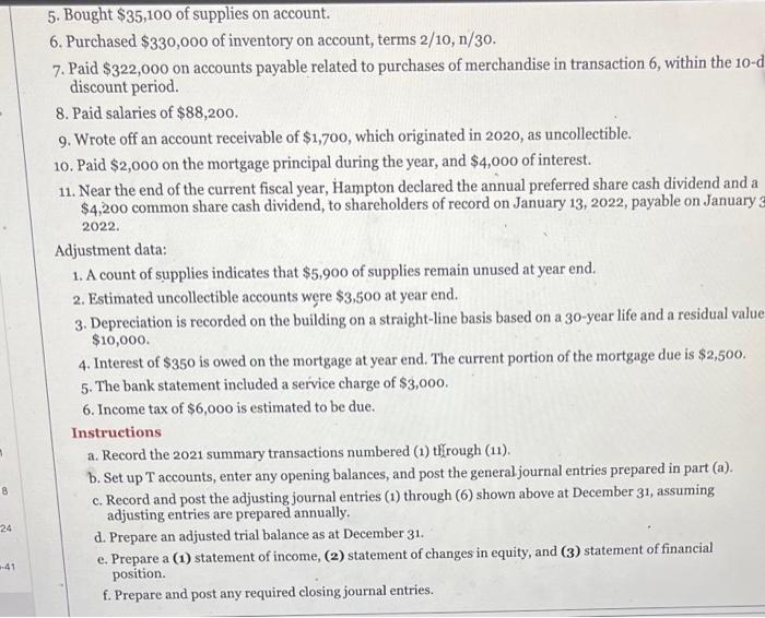 balance; prepare financial statements. ACR11.1 ( (LO2 , 3, 4) Hampton Corporation's