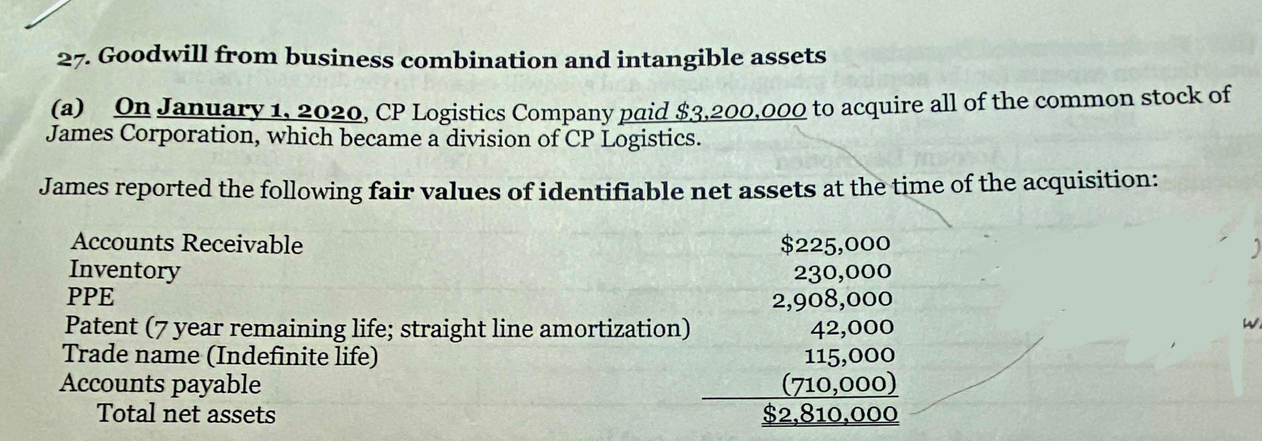 Part (c). Please show work, thank you! 27. Goodwill from business combination