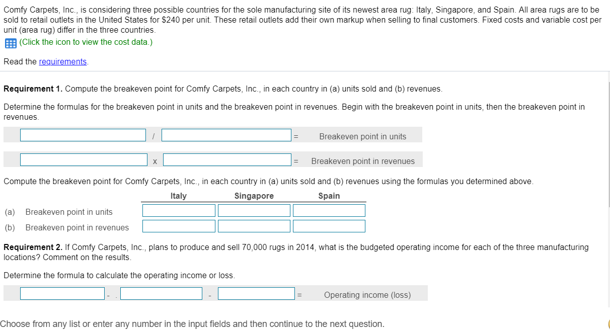 Comfy Carpets, Inc., is considering three possible countries for the sole