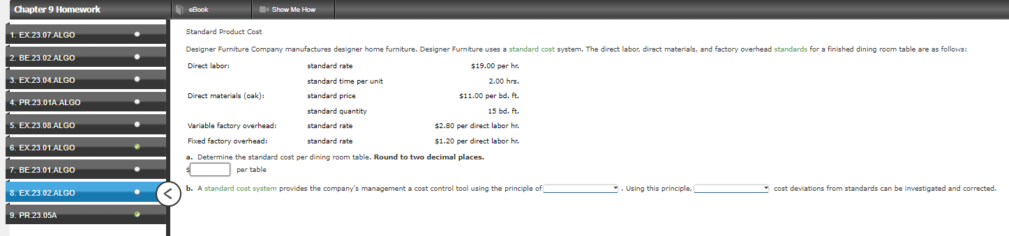 Determine the standard cost per dining room table. Round to two