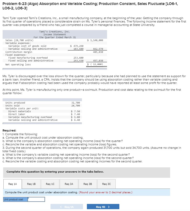  Problem 6-23 (Algo) Absorption and Variable Costing; Production Constant, Sales Fluctuate