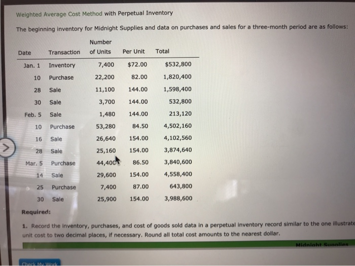  Weighted Average Cost Method with Perpetual Inventory The beginning inventory for