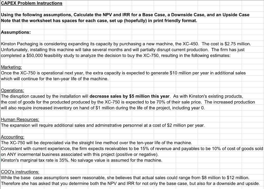  CAPEX Problem Instructions Using the following assumptions, Calculate the NPV and