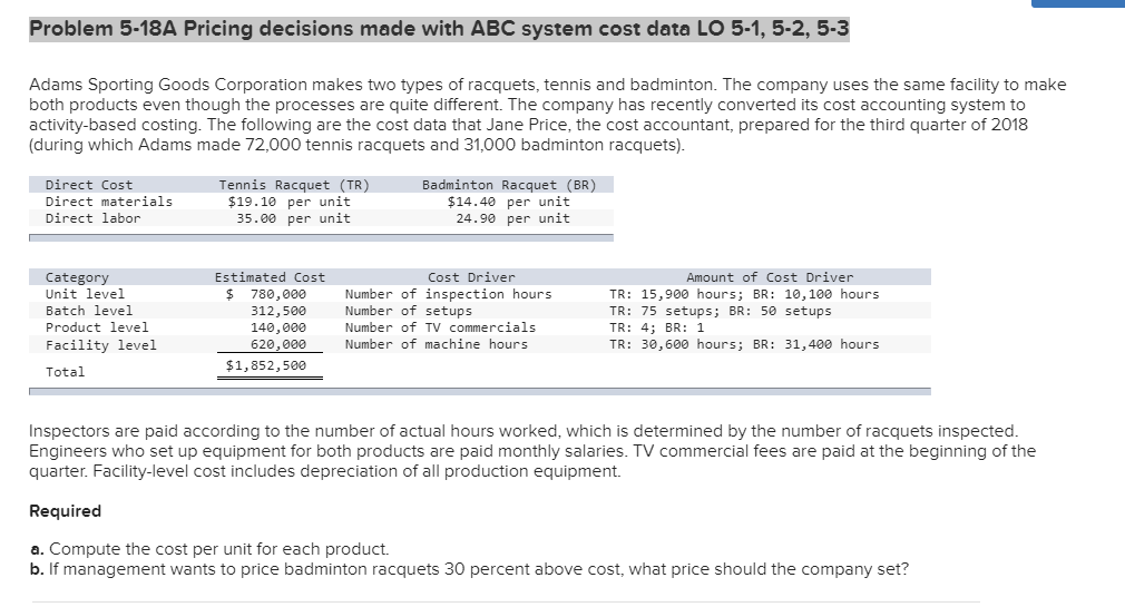  Problem 5-18A Pricing decisions made with ABC system cost data LO