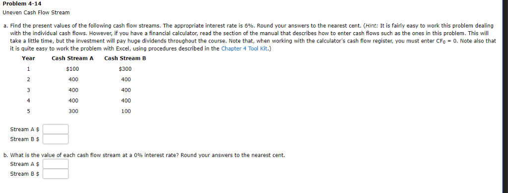 Problem 4-14 Uneven Cash Flow Stream a. Find the present values